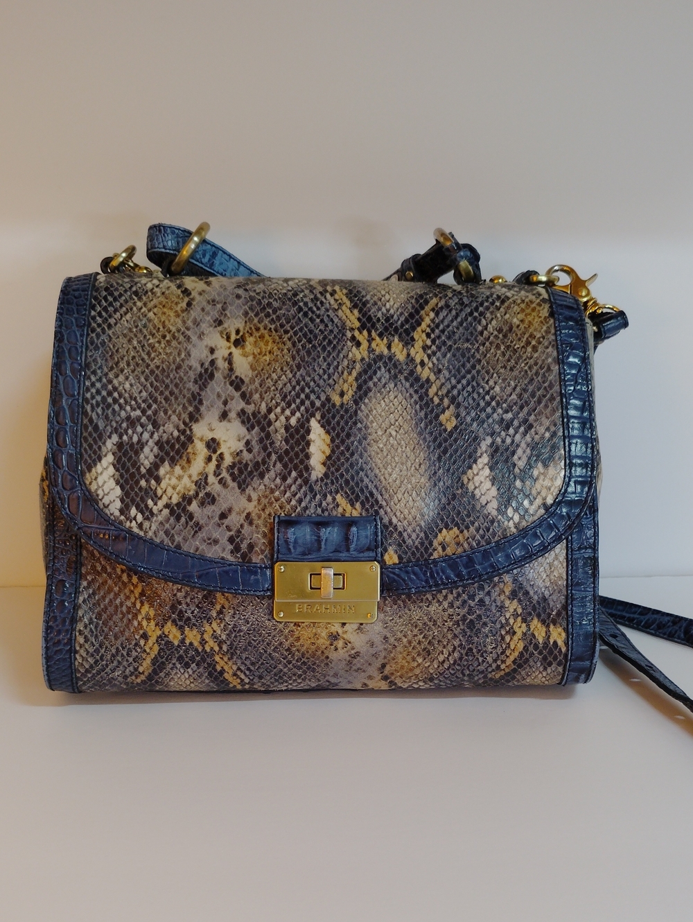 Brahmin Blue and Brown Snake-Print Crossbody with Gold Hardware